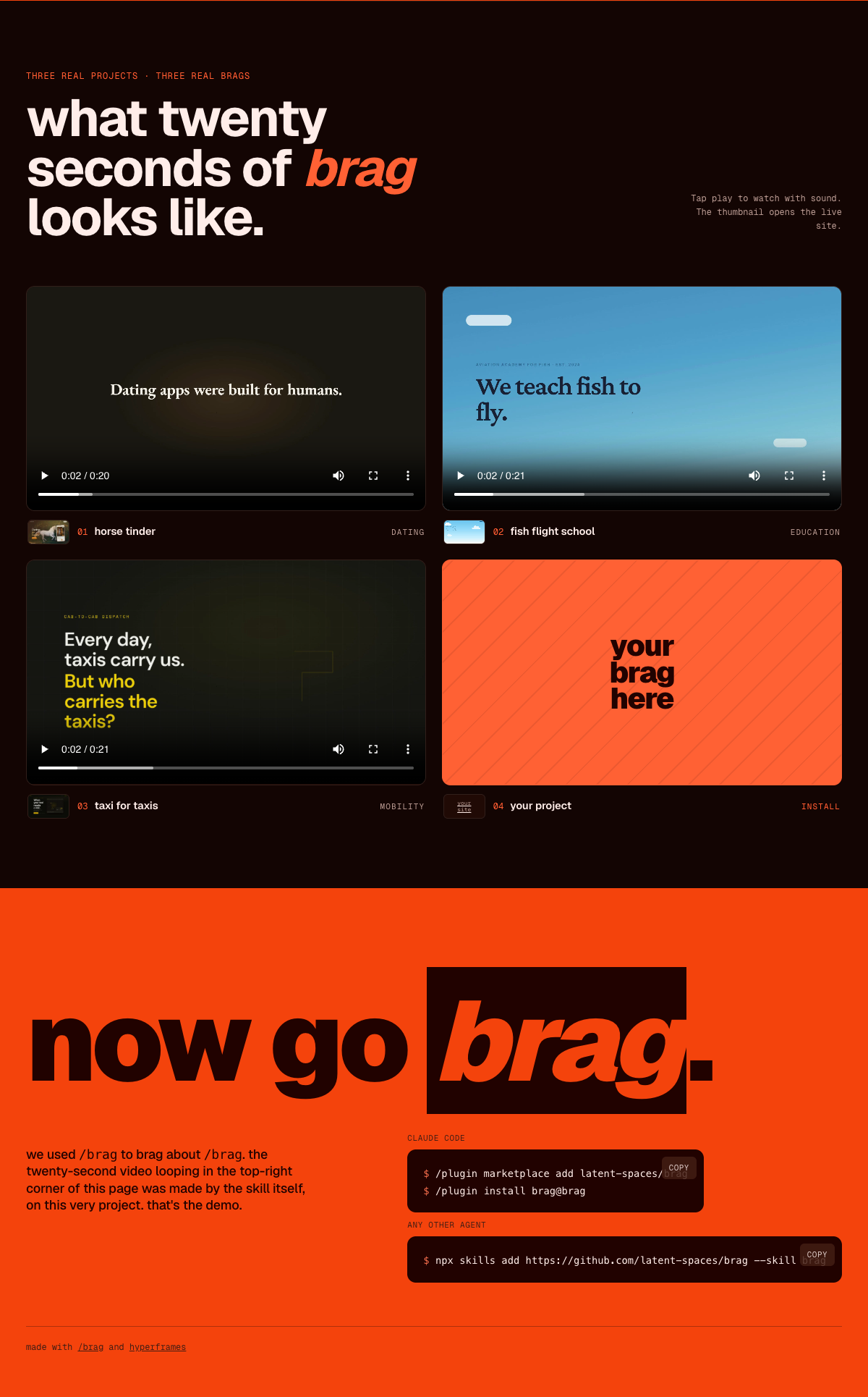 Галерея Brag с роликами для демонстрационных проектов: Horse Tinder, Fish Flight School и Taxi for Taxis