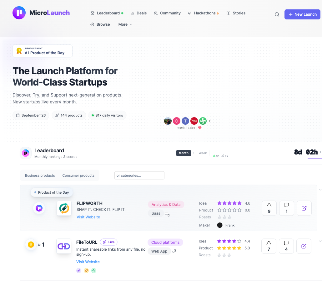 Microlaunch: главная страница с рейтингом запусков месяца