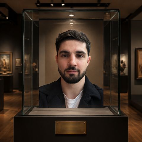 /museum: Экспонат в музейной витрине с табличкой