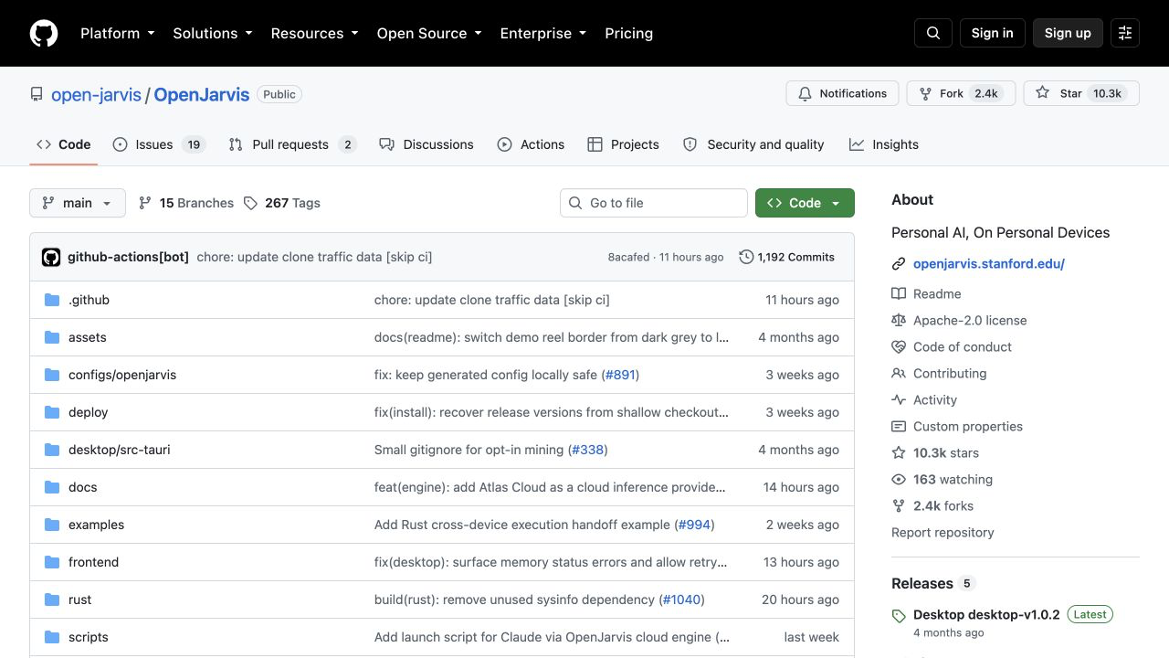 Официальный репозиторий OpenJarvis на GitHub с количеством звёзд и исходным кодом